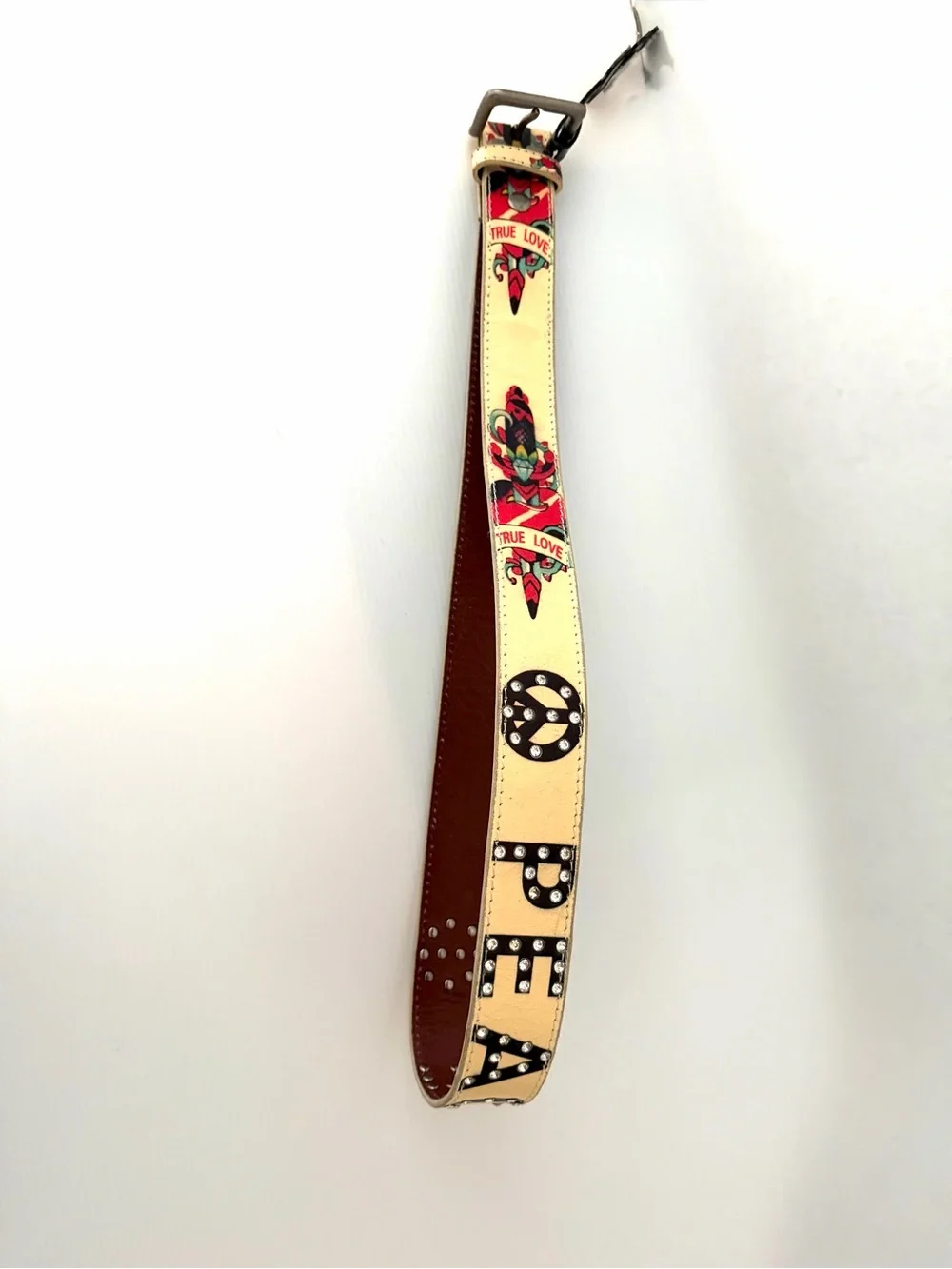 Vintage Genuine Leather Belt PEACE Rhinestone Tattoo Art Winged Heart 33” - 36”